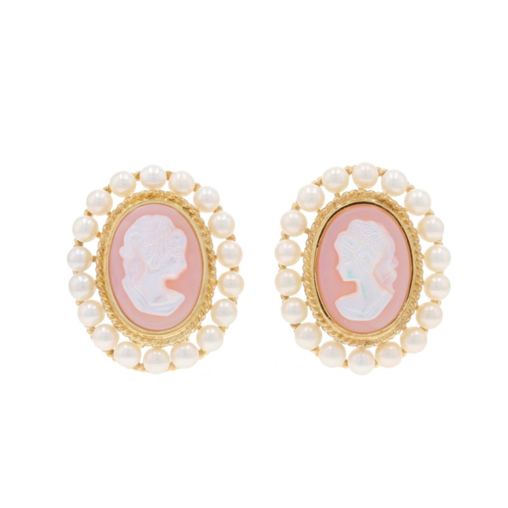 Yellow Gold Mother Of Pearl Cultured Pearl Lg Halo Stud Earrings 14k Carvedcameo